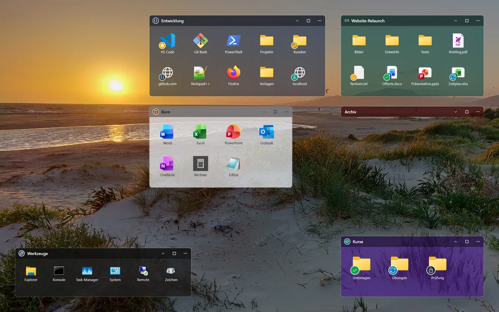 Windows-Desktop mit sechs farbigen, durchscheinenden Widgets vor einem Sonnenuntergang am Strand: Entwicklung, Büro, Werkzeuge, ein Ordner-Portal, ein eingeklapptes Archiv und Kurse
