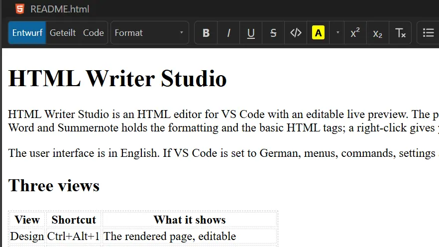 HTML Writer Studio in VS Code: Werkzeugleiste mit Formatierungen, darunter die Seite als bearbeitbare Vorschau