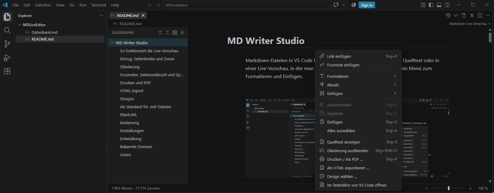 MD Writer Studio with live preview in VS Code
